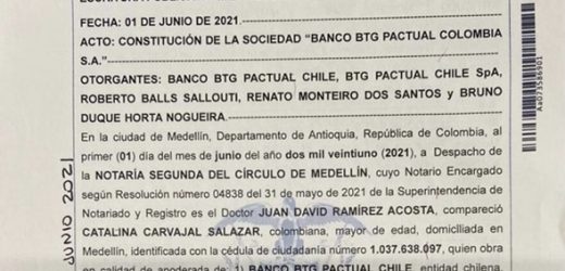 Por Escritura Pública 1.375, se constituyó oficialmente en Medellín el Banco BTG Pactual Colombia
