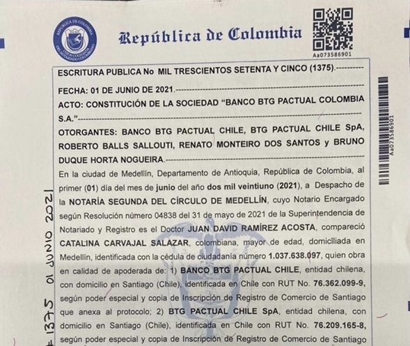 Por Escritura Pública 1.375, se constituyó oficialmente en Medellín el Banco BTG Pactual Colombia