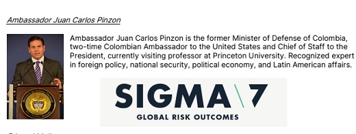 Ex embajador Juan Carlos Pinzón se une a Sigma7, plataforma de información a empresas sobre  riesgos