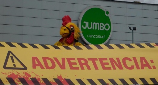 Activistas envuelven supermercado Jumbo con cinta de peligro para que no venda huevos de gallinas enjauladas