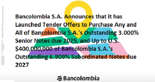 Bancolombia sale a recomprar bonos por US$482 millones al 2025, y hasta US$400 millones subordinados de 2027: colocará nuevos bonos
