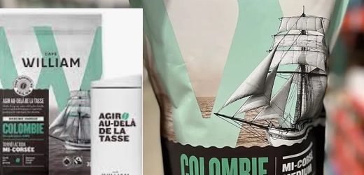 50 contenedores con granos de café verde colombiano en el viaje del carguero a vela canadiense Café William más grande de la historia moderna