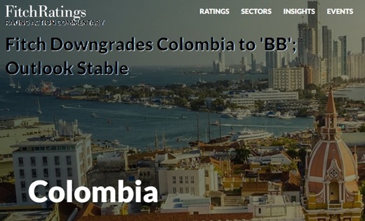 Fitch rebajó la calificación crediticia de Colombia a de BB+ a BB por la persistencia de grandes déficits fiscales; perspectiva estable